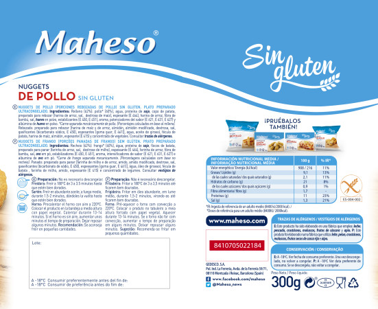 Nuggets de Pollo sin gluten (bolsa de 300g) sin gluten